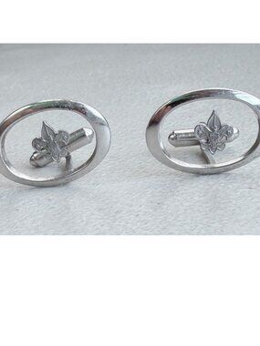 Vintage Boy Scouts Cuff Links 1960s Silver Tone Metal Log Emblem Cufflinks  Cond